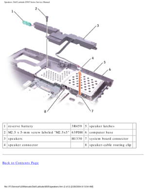 Page 64Speakers: Dell Latitude D505 Series Service Manual
 
1 reserve battery 3R4595speaker latches   
2 M2.5 x 5-mm screw labeled M2.5x5  63PDH6computer base  
3 speakers H13307system board connector  
4 speaker connector  8speaker-cable routing clip  
Back to Contents Page
 
file:///F|/Service%20Manuals/Dell/Latitude/d505/speakers.htm (2 of 2) \
[2/28/2004 8:13:54 AM] 