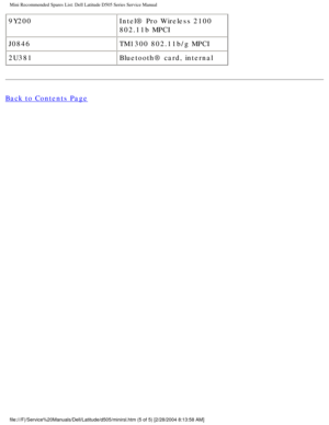 Page 85Mini Recommended Spares List: Dell Latitude D505 Series Service Manual
9Y200Intel® Pro Wireless 2100 
802.11b MPCI
J0846 TM1300 802.11b/g MPCI
2U381 Bluetooth® card, internal
Back to Contents Page
 
file:///F|/Service%20Manuals/Dell/Latitude/d505/minirsl.htm (5 of 5) [\
2/28/2004 8:13:58 AM] 