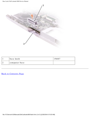 Page 62Base Latch: Dell Latitude D600 Service Manual
 
1 base latch 1N487
2 computer base  
Back to Contents Page
 
file:///F|/Service%20Manuals/Dell/Latitude/d600/latch.htm (2 of 2) [2/\
28/2004 8:15:53 AM] 