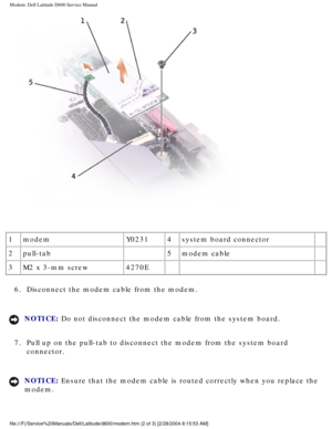 Page 64Modem: Dell Latitude D600 Service Manual
 
1 modem Y0231 4system board connector  
2 pull-tab  5modem cable  
3 M2 x 3-mm screw 4270E    
6.  Disconnect the modem cable from the modem. 
NOTICE: Do not disconnect the modem cable from the system board. 
7.  Pull up on the pull-tab to disconnect the modem from the system board  connector. 
NOTICE: Ensure that the modem cable is routed correctly when you replace the 
modem. 
file:///F|/Service%20Manuals/Dell/Latitude/d600/modem.htm (2 of 3) [2/\
28/2004...