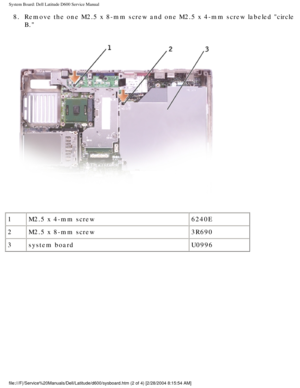 Page 67System Board: Dell Latitude D600 Service Manual
8.  Remove the one M2.5 x 8-mm screw and one M2.5 x 4-mm screw labeled circ\
le B. 
 
1 M2.5 x 4-mm screw 6240E
2 M2.5 x 8-mm screw 3R690
3 system board U0996
file:///F|/Service%20Manuals/Dell/Latitude/d600/sysboard.htm (2 of 4) \
[2/28/2004 8:15:54 AM] 