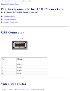 Page 70Pin Assignments for I/O Connectors: Dell Latitude D600 Service Manual
Back to Contents Page 
Pin Assignments for I/O Connectors 
Dell™ Latitude™ D600 Service Manual
  USB Connector
  Video Connector
  Parallel Connector
USB Connector
 
Pin Signal
1 USB5V+
2 USBP–
3 USBP+
4 GND
Video Connector
file:///F|/Service%20Manuals/Dell/Latitude/d600/pinouts.htm (1 of 3) [\
2/28/2004 8:15:55 AM] 