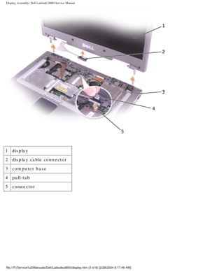 Page 39Display Assembly: Dell Latitude D800 Service Manual
 
1 display
2 display cable connector
3 computer base
4 pull-tab
5 connector
file:///F|/Service%20Manuals/Dell/Latitude/d800/display.htm (3 of 8) [\
2/28/2004 8:17:48 AM] 