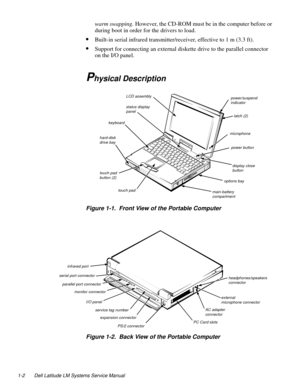 Page 121-2 Dell Latitude LM Systems Service Manual
warm swapping. However, the CD-ROM must be in the computer before or 
during boot in order for the drivers to load.
•Built-in serial infrared transmitter/receiver, effective to 1 m (3.3 ft).
•Support for connecting an external diskette drive to the parallel connector 
on the I/O panel.
Physical Description
Figure 1-1.  Front View of the Portable Computer
Figure 1-2.  Back View of the Portable Computer
LCD assembly
keyboard
 options bay 
 touch pad
latch (2)...