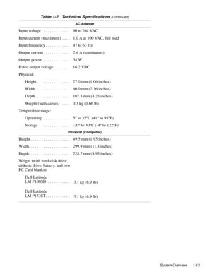 Page 23System Overview 1-13
AC Adapter
Input voltage . . . . . . . . . . . . . .  90 to 264 VAC 
Input current (maximum)  . . . .  1.0 A at 100 VAC, full load
Input frequency . . . . . . . . . . . .  47 to 63 Hz
Output current . . . . . . . . . . . . .  2.6 A (continuous)
Output power  . . . . . . . . . . . . .  34 W
Rated output voltage . . . . . . . .  16.2 VDC
Physical:
Height . . . . . . . . . . . . . . . .  27.0 mm (1.06 inches)
Width. . . . . . . . . . . . . . . . .  60.0 mm (2.36 inches)
Depth. . . . . ....