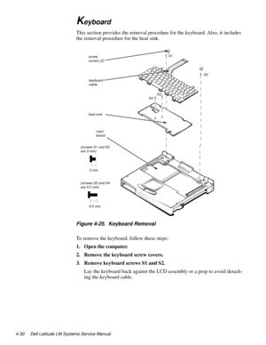 Page 664-30 Dell Latitude LM Systems Service Manual
Keyboard
This section provides the removal procedure for the keyboard. Also, it includes 
the removal procedure for the heat sink.
Figure 4-25.  Keyboard Removal
To remove the keyboard, follow these steps:
1. Open the computer.
2. Remove the keyboard screw covers.
3. Remove keyboard screws S1 and S2.
Lay the keyboard back against the LCD assembly or a prop to avoid detach-
ing the keyboard cable.
screw covers (2)
S1
S2
S4S3
heat sink
keyboard cable
main board...