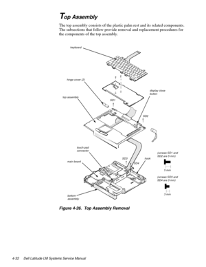 Page 684-32 Dell Latitude LM Systems Service Manual
Top Assembly
The top assembly consists of the plastic palm rest and its related components. 
The subsections that follow provide removal and replacement procedures for 
the components of the top assembly.
Figure 4-26.  Top Assembly Removal
hinge cover (2)
keyboard
touch pad connector
main board
top assembly 
bottom assembly
(screws SD1 andSD2 are 5 mm)
 SD3
 5 mm  
SD4
hook
display close button
 SD1
 SD2
(screws SD3 andSD4 are 3 mm)
 3 mm
Production Note!!!  