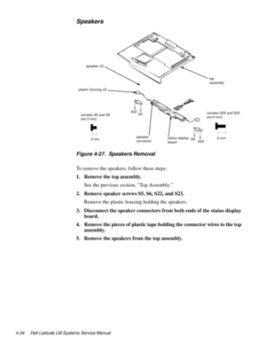 Page 704-34 Dell Latitude LM Systems Service Manual
Speakers
Figure 4-27.  Speakers Removal
To remove the speakers, follow these steps:
1. Remove the top assembly.
See the previous section, “Top Assembly.” 
2. Remove speaker screws S5, S6, S22, and S23.
Remove the plastic housing holding the speakers.
3. Disconnect the speaker connectors from both ends of the status display 
board.
4. Remove the pieces of plastic tape holding the connector wires to the top 
assembly.
5. Remove the speakers from the top...