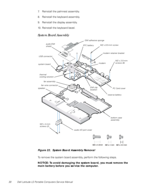 Page 3830 Dell Latitude LS Portable Computers Service Manual
7. Reinstall the palmrest assembly.
8. Reinstall the keyboard assembly.
9. Reinstall the display assembly.
10. Reinstall the keyboard bezel.
System Board Assembly 
6
Figure 22.  System Board Assembly Removal 
To remove the system board assembly, perform the following steps.
NOTICE: To avoid damaging the system board, you must remove the 
main battery before you service the computer.
PC Card cover
system board
fan assembly
M2 x 8.5-mm screw
audio I/O...