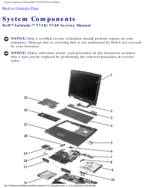 Page 11System Components: Dell Latitude V710/V740 Service Manual
Back to Contents Page 
System Components 
Dell™ Latitude™ V710/V740 Service Manual
NOTICE: Only a certified service technician should perform repairs on your 
computer. Damage due to servicing that is not authorized by Dell is not \
covered 
by your warranty. 
NOTICE: Unless otherwise noted, each procedure in this document assumes 
that a part can be replaced by performing the removal procedure in rever\
se 
order....