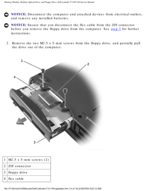 Page 34Memory Module, Modem, Optical Drive, and Floppy Drive: Dell Latitude V71\
0/V740 Service Manual
NOTICE: Disconnect the computer and attached devices from electrical outlets, 
and remove any installed batteries. 
NOTICE: Ensure that you disconnect the flex cable from the ZIF connector 
before you remove the floppy drive from the computer. See 
step 3 for further 
instructions. 
2.  Remove the two M2.5 x 5-mm screws from the floppy drive, and partial\
ly pull  the drive out of the computer. 
 
1 M2.5 x...