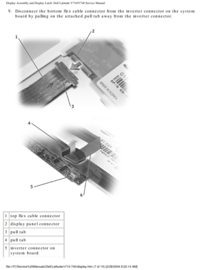 Page 51Display Assembly and Display Latch: Dell Latitude V710/V740 Service Manu\
al
9.  Disconnect the bottom flex cable connector from the inverter connector o\
n the system board by pulling on the attached pull tab away from the inverter connect\
or. 
 
1 top flex cable connector
2 display panel connector
3 pull tab
4 pull tab
5 inverter connector on 
system board
file:///F|/Service%20Manuals/Dell/Latitude/v710-740/display.htm (7 of 1\
0) [2/28/2004 8:22:14 AM] 