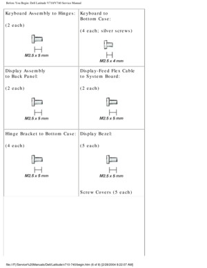 Page 8Before You Begin: Dell Latitude V710/V740 Service Manual
Keyboard Assembly to Hinges:
(2 each)
 Keyboard to
Bottom Case:
(4 each; silver screws)
 
Display Assembly
to Back Panel:
(2 each)
  Display-Feed Flex Cable
to System Board:
(2 each) 
Hinge Bracket to Bottom Case:
(4 each)
  Display Bezel:
(5 each)
 
Screw Covers (5 each)
file:///F|/Service%20Manuals/Dell/Latitude/v710-740/begin.htm (6 of 8)\
 [2/28/2004 8:22:07 AM] 