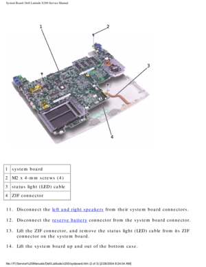 Page 54System Board: Dell Latitude X200 Service Manual
 
1 system board
2 M2 x 4-mm screws (4)
3 status light (LED) cable
4 ZIF connector
11.  Disconnect the 
left and right speakers from their system board connectors. 
12.  Disconnect the 
reserve battery connector from the system board connector. 
13.  Lift the ZIF connector, and remove the status light (LED) cable from i\
ts ZIF  connector on the system board. 
14.  Lift the system board up and out of the bottom case....