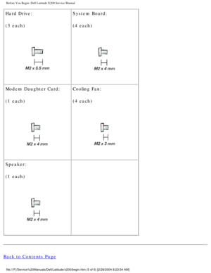 Page 7Before You Begin: Dell Latitude X200 Service Manual
Hard Drive:
(3 each)
 System Board:
(4 each) 
Modem Daughter Card:
(1 each)
  Cooling Fan:
(4 each) 
Speaker:
(1 each)
   
Back to Contents Page
file:///F|/Service%20Manuals/Dell/Latitude/x200/begin.htm (5 of 6) [2/\
28/2004 8:23:54 AM] 