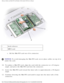 Page 29Memory, Modem, and Mini PCI Card Modules: Dell Latitude X300 Service Man\
ual 
 
1 latch releases
2 MPCI card
c.  Lift the Mini PCI card out of its connector. 
NOTICE: To avoid damaging the Mini PCI card, never place cables on top of or 
under the card. 
10.  To replace a Mini PCI card, align the card with the connector at a \
45-degree  angle, and press the Mini PCI card into the connector. 
11.  Lower the Mini PCI card toward the inner tabs to approximately a 20\
-degree  angle. 
12.  Continue lowering...