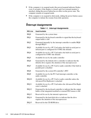 Page 141-6 Dell Latitude XPi CD Service Manual
•If the computer is in suspend mode (the power/suspend indicator flashes 
every 8 seconds), if the display is closed, and if no external monitor is 
attached, sliding the power button has no effect on the power state. The 
computer remains in suspend mode.
•If the computer is in suspend-to-disk mode, sliding the power button causes 
the computer to initiate the resume-from-disk operation.
Interrupt Assignments
Table 1-1.  Interrupt Assignments
IRQ Line...