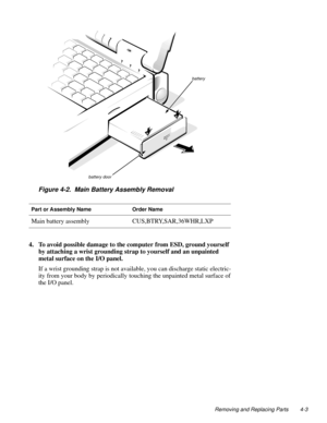 Page 41Removing and Replacing Parts 4-3
Figure 4-2.  Main Battery Assembly Removal
4. To avoid possible damage to the computer from ESD, ground yourself 
by attaching a wrist grounding strap to yourself and an unpainted 
metal surface on the I/O panel.
If a wrist grounding strap is not available, you can discharge static electric-
ity from your body by periodically touching the unpainted metal surface of 
the I/O panel.
Part or Assembly NameOrder Name
Main battery assemblyCUS,BTRY,SAR,36WHR,LXP
battery...