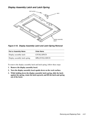 Page 59Removing and Replacing Parts 4-21
Display Assembly Latch and Latch Spring
Figure 4-16.  Display Assembly Latch and Latch Spring Removal
To remove the display assembly latch and latch spring, follow these steps:
1. Remove the display assembly bezel.
2. Turn the display assembly bezel upside down on the work surface.
3. While holding down the display-assembly latch spring, slide the latch 
against the spring, rotate the latch upward, and lift the latch and spring 
out of the bezel.
Part or Assembly...