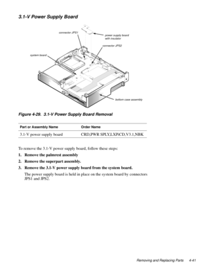 Page 79Removing and Replacing Parts 4-41
3.1-V Power Supply Board
Figure 4-29.  3.1-V Power Supply Board Removal
To remove the 3.1-V power supply board, follow these steps:
1. Remove the palmrest assembly
2. Remove the superpart assembly.
3. Remove the 3.1-V power supply board from the system board.
The power supply board is held in place on the system board by connectors 
JPS1 and JPS2.
Part or Assembly NameOrder Name
3.1-V power supply boardCRD,PWR SPLY,LXPiCD,V3.1,NBK
connector JPS1
connector JPS2
bottom...