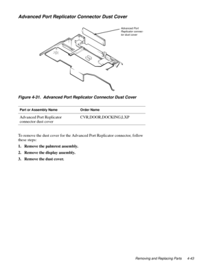 Page 81Removing and Replacing Parts 4-43
Advanced Port Replicator Connector Dust Cover
Figure 4-31.  Advanced Port Replicator Connector Dust Cover
To remove the dust cover for the Advanced Port Replicator connector, follow 
these steps:
1. Remove the palmrest assembly.
2. Remove the display assembly.
3. Remove the dust cover.
Part or Assembly NameOrder Name
Advanced Port Replicator 
connector dust coverCVR,DOOR,DOCKING,LXP
Advanced Port 
Replicator connec-
tor dust cover 