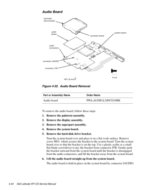 Page 824-44 Dell Latitude XPi CD Service Manual
Audio Board
Figure 4-32.  Audio Board Removal
To remove the audio board, follow these steps:
1. Remove the palmrest assembly.
2. Remove the display assembly.
3. Remove the superpart assembly.
4. Remove the system board.
5. Remove the hard-disk drive bracket.
Turn the system board over and place it on a flat work surface. Remove 
screw HD1, which secures the bracket to the system board. Turn the system 
board over so that the bracket is on the top. Use a plastic...