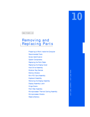 Page 1www.dell.com | support.dell.com
SECTION 10
Removing and 
Replacing Parts
Preparing to Work Inside the Computer
Recommended Tools
Screw Identification
System Components
Replacing the Palm Rests
Replacing the Display Cover
Hard Drive Assembly
Modular Bay Devices
Memory Module
Mini PCI Card Assembly
Keyboard Assembly
Removing the Display Assembly
Display Assembly Latch
Hinge Covers
Palm Rest Assembly
Microprocessor Thermal Cooling Assembly
Microprocessor Module
Reserve Battery 