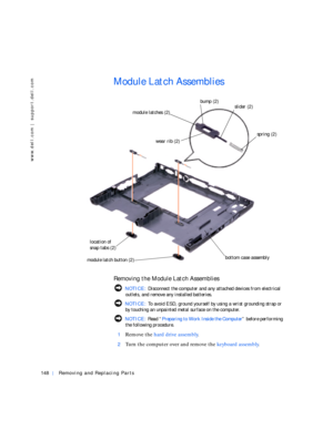 Page 38148Removing and Replacing Parts
www.dell.com | support.dell.com
Module Latch Assemblies
Removing the Module Latch Assemblies
 NOTICE: Disconnect the computer and any attached devices from electrical 
outlets, and remove any installed batteries.
 NOTICE: To avoid ESD, ground yourself by using a wrist grounding strap or 
by touching an unpainted metal surface on the computer.
 NOTICE: Rea d “Preparing to Work Inside the Computer” before performing 
the following procedure.
1
Remove the hard drive...