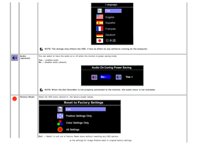 Page 22NOTE: The change only affects the OSD,  it has no effect on any  software running on the computer.
Audio
(optional)You  can  select to  have  the audio on or off when  the monitor is power saving mode.
Yes
 — enables  audio
No  — disables audio (default)
NOTE: When the Dell  Soundbar is  not  properly connected  to the monitor, the audio  menu is  not  available.
Factory  Reset: Reset the OSD menu  options to   the factory preset values.
Exit   — Select   to  exit  out of Factory Reset menu  without...