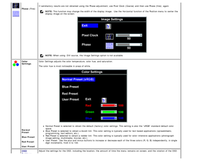 Page 19Phase (Fine) If  satisfactory results  are not obtained  using  the Phase adjustment, use Pixel  Clock  (Coarse)  and  then  use Phase (fine), again.
NOTE: 
This function may change  the width of the display  image.   Use  the Horizontal  function of the Position menu  to  center the
display  image on the screen.
NOTE:  When  using   DVI source,  the Image Settings option is not available.
Color
Settings
 
 
 
 
 
 
 
 
 
 
 
 
 
 
 
 
 
 
 
 
 
 
 
 
 
 
 
Normal
Preset
 
Blue Preset
Red Preset
User...