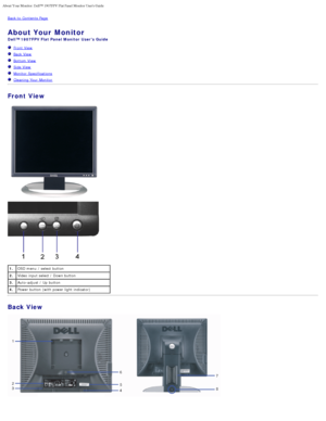 Page 2About Your Monitor: Dell™ 1907FPV Flat Panel Monitor Users Guide
file:///T|/htdocs/monitors/1907FPV/en/about.htm[8/7/2012 10:06:38 AM]
Back to  Contents Page
About Your Monitor
Dell™ 1907FPV Flat Panel Monitor  Users Guide
  Front View
  Back View
  Bottom View
  Side  View
  Monitor Specifications
  Cleaning Your  Monitor
Front View
1. OSD menu  / select button
2. Video input select / Down button
3. Auto-adjust  / Up  button
4. Power button (with power light  indicator)
Back View
 