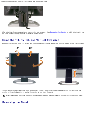 Page 10Using Your Adjustable Monitor Stand: Dell™ 1907FPV Flat Panel Monitor\
 Users Guide
file:///T|/htdocs/monitors/1907FPV/en/stand.htm[8/7/2012 10:06:42 AM]
After attaching  all necessary  cables to  your  monitor and  computer, (See Connecting  Your  Monitor for cable  attachment,) use
the cable  holder to  neatly  organize all cables as shown above.
Using the Tilt, Swivel, and Vertical Extension
Adjusting Your  Monitor Using Tilt,  Swivel,  and  Vertical  Extension. You  can  adjust  your  monitor to...