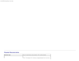 Page 24Dell 1909W Flat Panel Monitor Users Guide
file:///T|/htdocs/monitors/1909W/en/ug/about.htm[11/8/2012 2:53:29 PM]
Physical Characteristics
Connector type 15 -pin  D -subminiature,  blue connector; DVI-D, white connector
Signal cable typeDigital: Detachable, DVI-D, Solid pins, shipped detached  from  the monitor
 