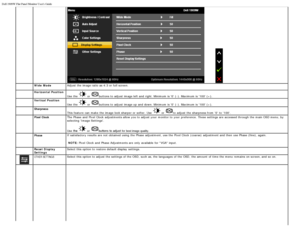 Page 73Dell 1909W Flat Panel Monitor Users Guide
file:///T|/htdocs/monitors/1909W/en/ug/operate.htm[11/8/2012 2:54:10 PM]
 Wide  Mode Adjust  the image ratio as 4:3 or full screen.
  Horizontal Position
Use the 
 or buttons to  adjust  image left  and  right. Minimum  is 0  (-). Maximum is 100  (+).
  Vertical Position
Use the 
 or buttons to  adjust  image up  and  down. Minimum  is 0  (-). Maximum is 100  (+).
  Sharpness
This feature  can  make  the image look sharper or softer.  Use  
 or to  adjust  the...