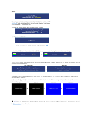 Page 34   
                    
   
   
         
   
 
   
See  Solving Problems  for more information.   
   message:  
 
 
 
This means that the monitor cannot synchronize with the signal that it is receiving from the 
computer. Either the signal is too high or too low for the monitor to use.  See  Monitor 
Specifications  for the Horizontal and Vertical frequency ranges addressable by this monitor. 
Recommended mode is 1600 X 1200 @ 60Hz. 
 
You will see the following message before the DDC/CI function is...