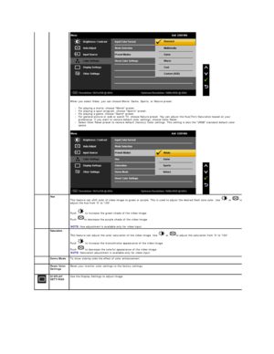Page 19 
When you select Video, you can choose Movie, Game, Sports, or Nature preset:  
l For playing a movie, choose Movie preset;   
l For playing a sport program, choose Sports preset;   
l For playing a game, choose Game preset;   
l For general picture or web or watch TV, choose Nature preset. You can adjust the Hue(Tint)/Saturation based on your 
preference. If you want to restore default color settings, choose Color Reset;   
l Select Color Reset preset to restore default (factory) Color settings.  This...