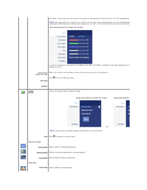 Page 37 
 
 
 
 
     
Color Format  
(Video/DVI - HD)  
Color Reset  
Exit Menu   PC Custom: Use the plus and minus buttons to increase or decrease each of the three colors (R, G, B) independently, in single digit increments, from 0 to 100.
NOTE:  Color temperature is a measure of the warmth of the image colors (red/green/blue). The two available presets (Blue and Red) favor blue and red 
accordingly. Select each one to see how each range suits your eye....or utilize the Custom Color option to customize the...