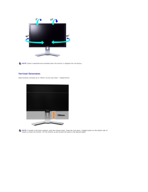 Page 48 
 
Vertical Extension  
Stand extends vertically up to 100 mm via the Lock down / release button.                     
                  NOTE:   Stand is detached and extended when the monitor is shipped from the factory.  
NOTE:  If locked in the down position, push the monitor down. Press the Lock down / release button on the bottom rear of 
stand to unlock the monitor. Lift the monitor up and extend the stand to the desired height.     