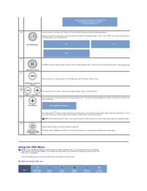 Page 19   
Using the OSD Menu  
1.  Push the MENU button to launch the OSD menu and display the main menu.   
Main Menu for Analog (VGA) Input  
   
    
B
 
PIP/PBP Select   Use this button to activate PIP (Picture - in - Picture)/PBP (Picture - by - PictureyfPRGHVDGMXVWPHQW 
Pressing this button continually cycles the monitor through the following modes : OFF -- >PIP -- >PBP. You will see the following messages 
corresponding to the mode selected.  
 
 
       
   
C
 
OSD Menu/Select    The Menu button is...