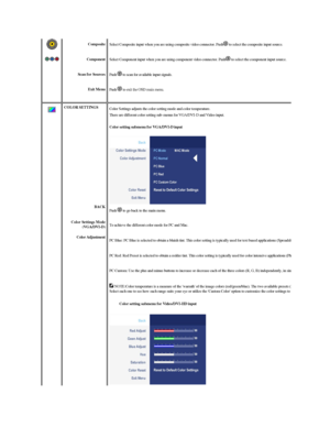 Page 35 
 
 
 
  Composite
Component
Scan for Sources  
Exit Menu   Select Composite input when you are using composite video connector. Push   to select the composite input source. 
Select Component input when you are using component video connector. Push   to select the component input source. 
Push   to scan for available input signals.
Push   to exit the OSD main menu.
 
 
 
  
 
  COLOR SETTINGS  
BACK
Color Settings Mode  
(VGA/DVI - D )
Color Adjustment
  
 
  Color Settings adjusts the color setting...