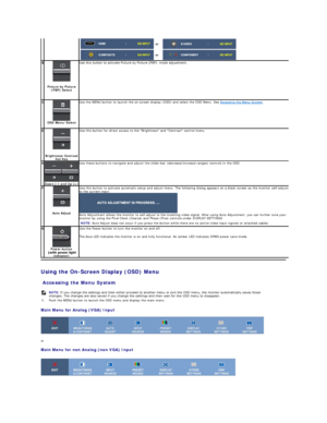 Page 17Using the On - Screen Display (OSD) Menu  
Accessing the Menu System  
Main Menu for Analog (VGA) Input  
 
or  
Main Menu for non Analog (non VGA) Input  
  
or  
or
B
 
   
Picture by Picture 
(PBP) Select  
    Use this button to activate Picture by Picture (PBPyfPRGHDGMXVWPHQW.
C
 
OSD Menu/Select   Use the MENU button to launch the on - screen display (OSD) and select the OSD Menu. See  Accessing the Menu System .
D
 
Brightness/Contrast 
Hot Key     Use this button for direct access to the...