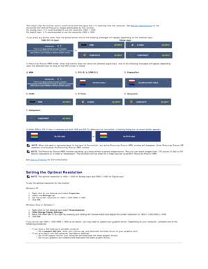 Page 25   
   
   
See  Solving Problems  for more information.  
Setting the Optimal Resolution  
To set the optimal resolution for the monitor:  
Windows XP:  
1. Right - click on the desktop and select  Properties .   
2. Select the  Settings  tab.   
3. Set the screen resolution to 1920 x 1200/2560 x 1600.   
4. Click  OK .   
Windows Vista or Windows 7:  
1. Right - click on the desktop and select  Personalization .   
2. Click Change Display Settings .   
3. Move the slider - bar to the right by pressing...