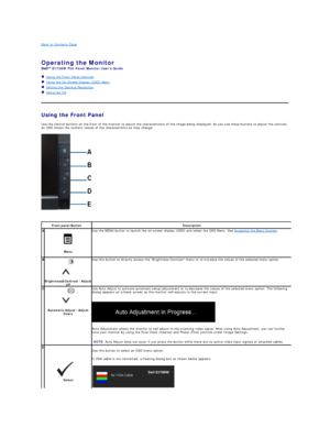 Page 12Back to Contents Page    
 
Operating the Monitor   
E1709W  Flat Panel Monitor Users Guide  
   Using the Front Panel Controls  
   Using the On - Screen Display (OSD) Menu  
   Setting the Optimal Resolution  
   Using the Tilt  
    
Using the Front Panel  
Use the control buttons on the front of the monitor to adjust the characteristics of the image being displayed. As you use these buttons to adjust the controls, 
an OSD shows the numeric values of the characteristics as they change.  
   
Front...