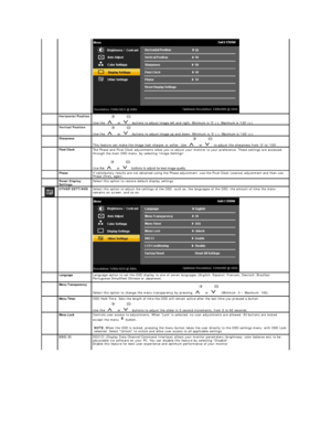 Page 16  
   Horizontal Position  
Use  the   or  buttons to adjust image left and right. Minimum is 0 ( - ). Maximum is 100 (+).
   Vertical Position    
Use  the   or  buttons to adjust image up and down. Minimum is 0 ( - ). Maximum is 100 (+).
   Sharpness  
This feature can make the image look sharper or softer. Use   or  to adjust the sharpness from 0 to 100.
   Pixel Clock  
T he Phase and Pixel Clock adjustments allow you to adjust your monitor to your preference. These settings are accessed 
through the...