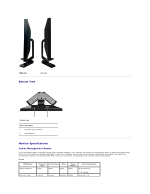 Page 5  
Bottom View  
 
   
 
  Bottom view  
  
Monitor Specifications  
Power Management Modes  
If you have VESA's DPMS™ compliance display card or software installed in your computer, the monitor can automatically reduce its power consumption when 
not in use. This is referred to as Power Save Mode. If input from a keyboard, mouse or other input devices is detected by the computer, the monitor will 
automatically wake up. The following table shows the power consumption and signaling of this automatic...