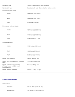 Page 11Connector  type15 -pin  D -subminiature,  blue connector
Signal  cable  type Detachable, D -sub, 15pin, attached  to  the monitor
Dimensions:(with stand)
Height
 