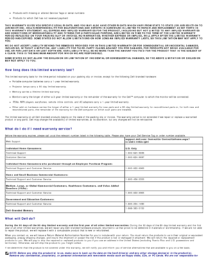 Page 16 Products with missing or altered  Service  Tags  or serial  numbers
 Products for which Dell has  not received payment
THIS  WARRANTY  GIVES  YOU SPECIFIC LEGAL RIGHTS, AND YOU MAY ALSO HAVE OTHER  RIGHTS WHICH VARY FROM STATE TO  STATE (OR  JURISDICTION  TO
JURISDICTION).  DELLS RESPONSIBILITY  FOR  MALFUNCTIONS  AND DEFECTS IN HARDWARE  IS  LIMITED TO  REPAIR AND REPLACEMENT  AS SET FORTH IN
THIS  WARRANTY  STATEMENT. ALL EXPRESS AND IMPLIED  WARRANTIES FOR  THE PRODUCT,  INCLUDING  BUT  NOT LIMITED...