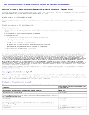 Page 18any  of  your confidential, proprietary, or  personal  information; lost or  corrupted data; or  damaged or  lost removable  media.
Limited Warranty Terms for Dell-Branded Hardware Products (Canada Only)
Dell-branded hardware products  purchased  in Canada  come  with either  a  90 -day,  1-year, 2-year, 3-year, or 4-year limited warranty depending on the product purchased. To
determine  which warranty came  with your  hardware product(s), see your  packing slip  or invoice.
What is covered  by this...