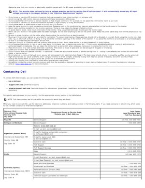 Page 21Always be sure  that  your  monitor is electrically  rated to  operate  with the AC power available  in your  location.
NOTE: This monitor  does not  need or  have  a  voltage selection switch  for  setting  the AC voltage input.  It  will  automatically accept any  AC input
voltage according to the ranges  defined in the “Electrical  Specifications section.
Do not store or use the LCD  monitor in locations  that  are exposed to  heat,  direct  sunlight,  or extreme  cold.Avoid  moving the LCD  monitor...