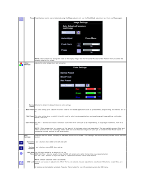 Page 26  Phase If satisfactory results are not obtained using the  Phase  adjustment, use the  Pixel Clock  adjustment and then use  Phase  again.  
 
NOTE : This function may change the width of the display image. Use the 'Horizontal' function of the 'Position' menu to center the 
display image on the screen.  
    Color 
Settings:   Adjusts the color temperature and saturation.  
 
    Normal 
Preset Selected to obtain the default (factory) color settings.  
    Blue Preset This color setting...